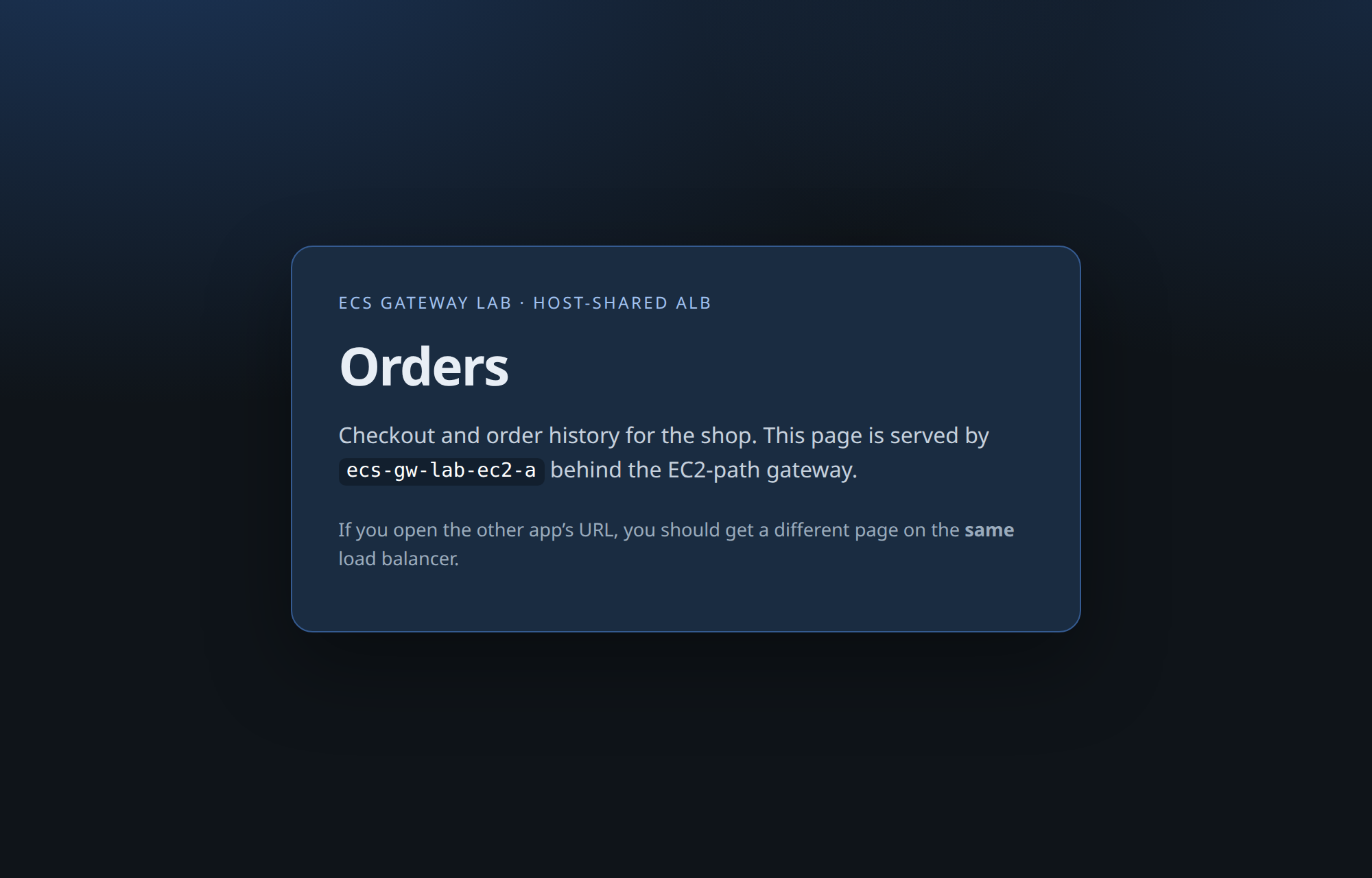 The Orders app rendered in a browser: a blue card titled Orders, noting the page is served by service ecs-gw-lab-ec2-a behind the EC2-path gateway.